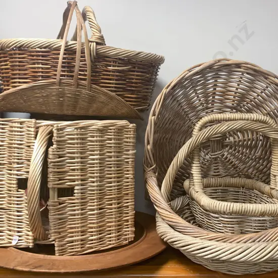 Seven Wicker Baskets and Large Turned Wooden Bowl