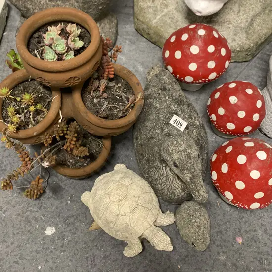 Three Toadstools with Duck and Tortoise Outdoor Ornaments and Terracotta Multi-Planter
