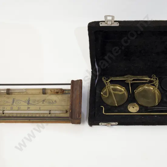 Vintage Cottage Barometer together with Cased Scale and Weights Set