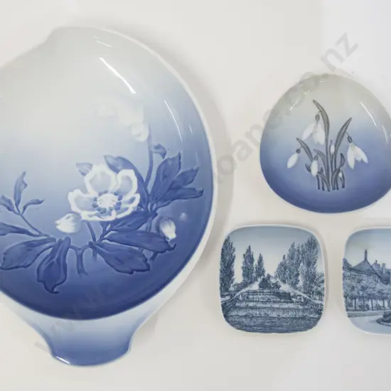 Three Small Danish Porcelain Dishes on Larger B&G Floral Plate