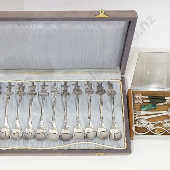 Lot of Assorted Silver Spoons Including NZ together with Cased Souvenir Spoons