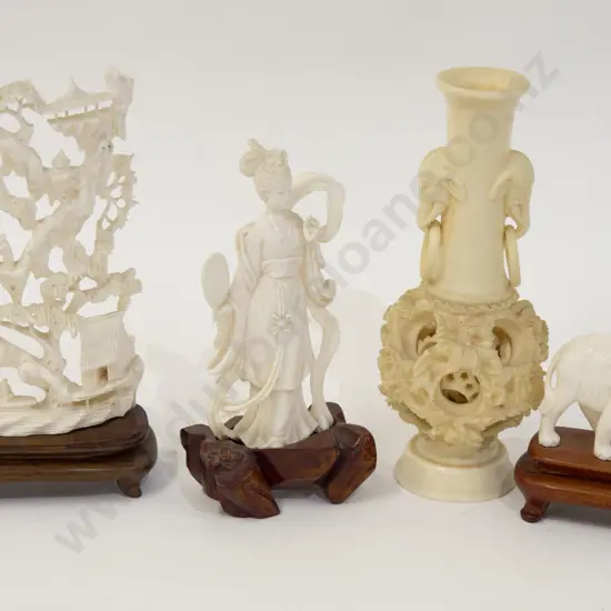 Four Resin Carvings Including Puzzle Ball Vase (AF)