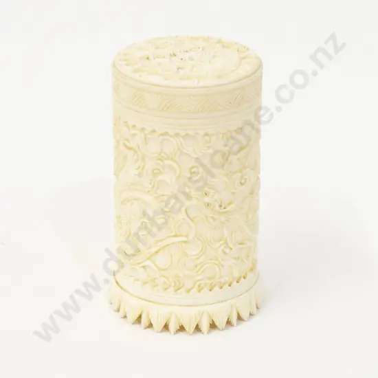 Carved Ivory Lidded Cylindrical Box