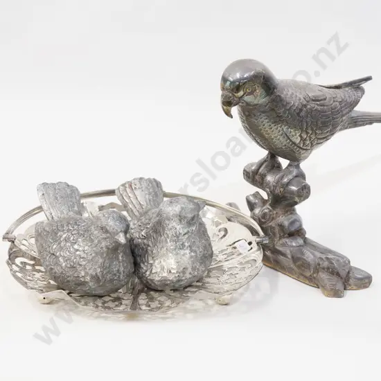 Three Metal Bird Ornaments on S/P Footed Basket