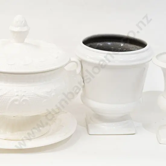 Large White Glazed Lidded Urn together with Two Pottery Vases (AF)