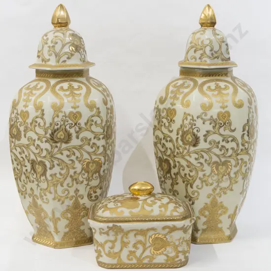 Pair of Gilt Decorated Lidded Vases with Similar Lidded Ceramic Box
