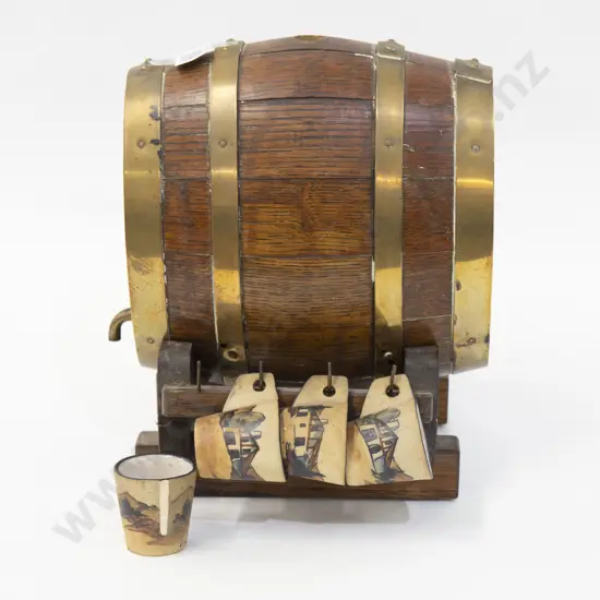 Decorative Whiskey Barrel with Hanging Cups (One Cup Damaged)