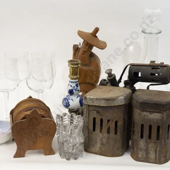 Box of Assorted Woodware together with Glassware and Metalware