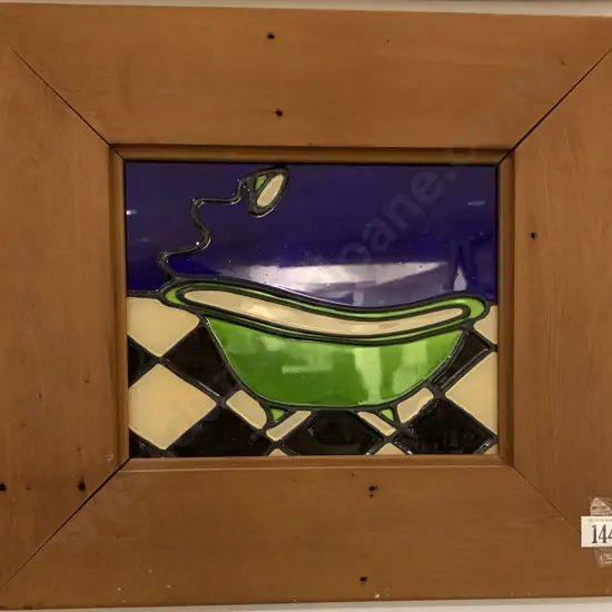 Framed Painted Glass Bathtub Scene