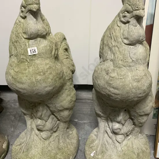Pair of Concrete Rooster Garden Ornaments