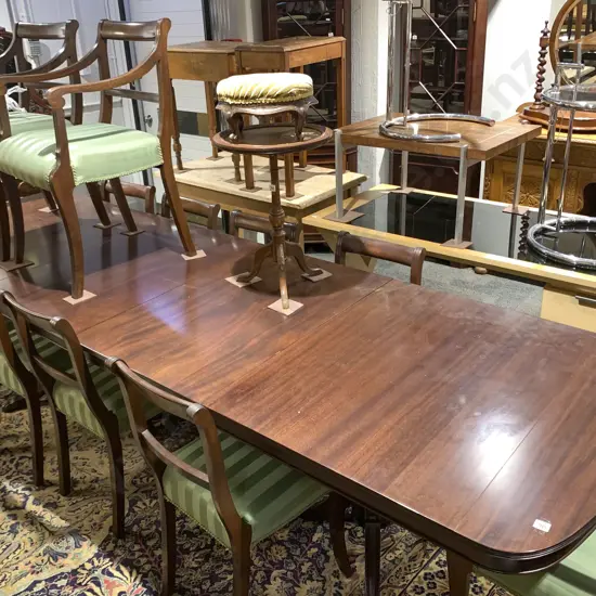 Large Extension Mahogany Dining Table With Eight Chairs and Four Carvers