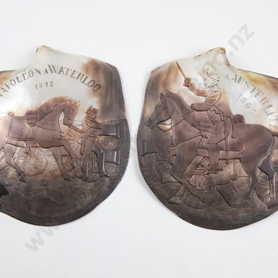 Two C19th Carved MOP Shells Austerlitz 1805 & Napoleon A Waterloo 1815