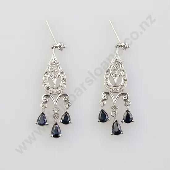 Pair 14ct White Gold Sapphire and Diamond Fancy Pendant Drop Earrings