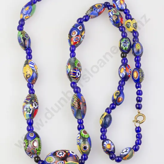 Vintage Singe Strand Graduated Venetian Mosaic Bead Necklace