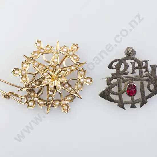 Victorian 15ct Half Pearl Starburst Brooch