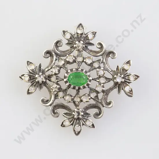Late C19th Silver Imitation Emerald and Diamond Chip Rococo Brooch/Pendant