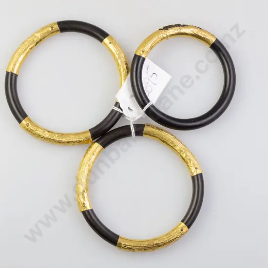 Three Chinese Antique (22ct) and Jet Hinged Bangles