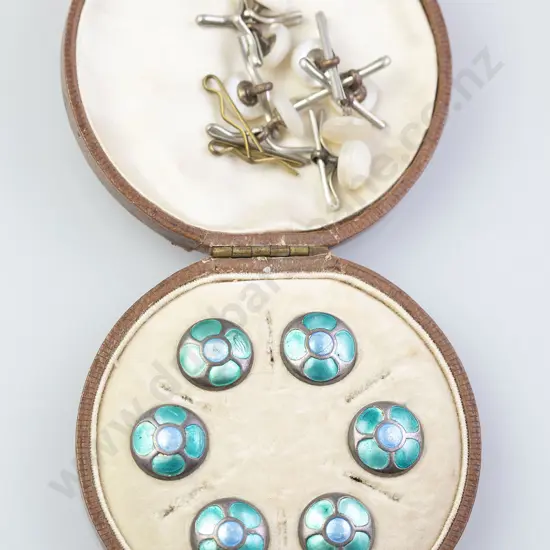 Late C19th Boxed set Six Sterling and Enamelled Shirt Buttons