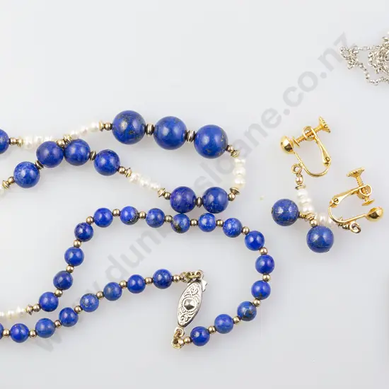 Single Strand Lapis and Freshwater Pearl Necklace