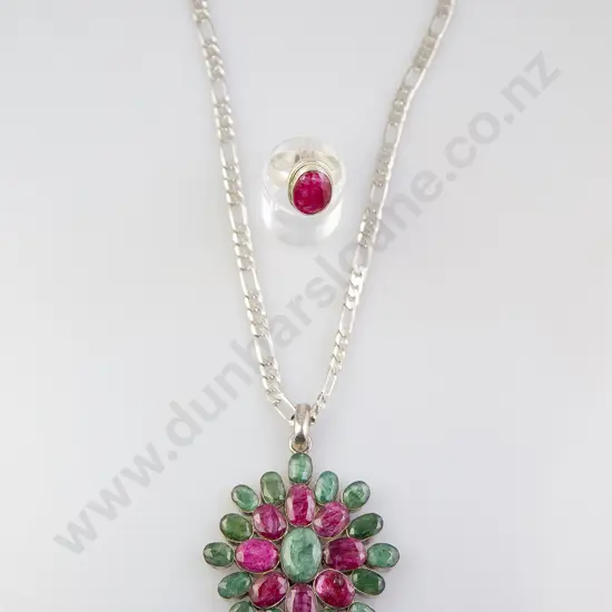 Large Silver Emerald and Ruby Pendant on Chain with ring