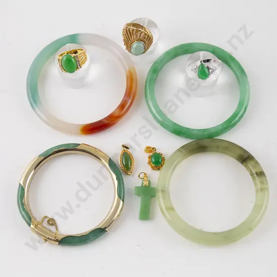 Four Jade Style Bangles and three rings and three pendants