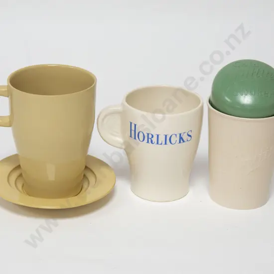 Three Vintage Plastic and Ceramic Advertising Cups