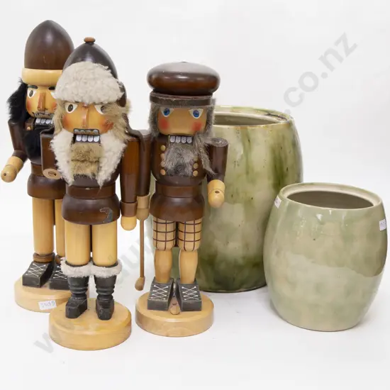 Box With Two Crocks (No Lids) and Three Nutcracker Ornaments