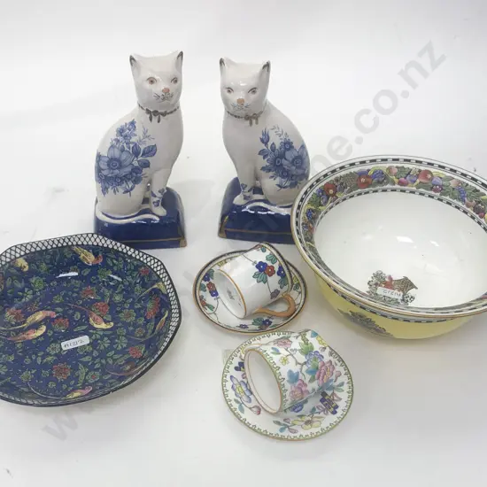 Wedgewood Fruit Bowl and Other China Together With Pair of Cat Ornaments