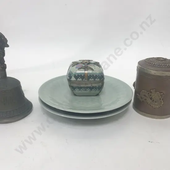 Pair of Celadon Glazed Plates Together With Two Trinket Boxes and Bell
