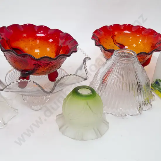 Vintage Glass Lampshades Together With Three Art Glass Bowls