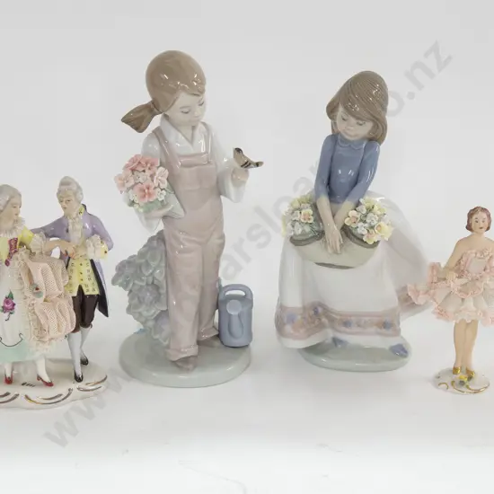 Two Lladro Figures of Girls With Flowers Together With Two Dresden Figures (AF)