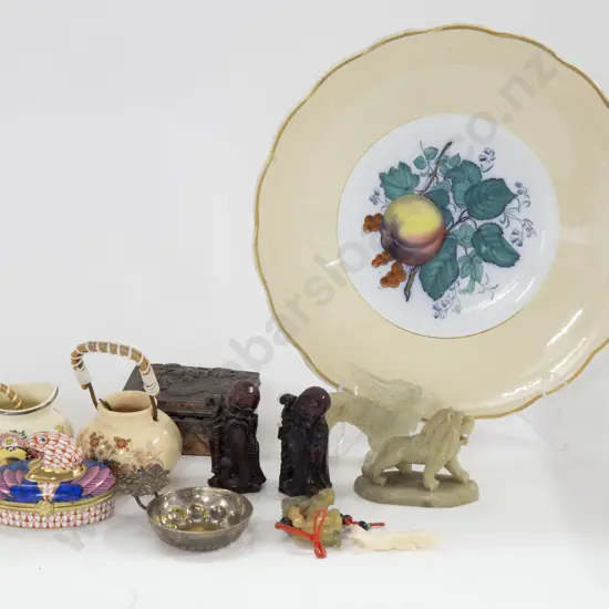 Quantity of Assorted Asian Ornaments on Plate Together With Silver Wine Sipping Cup