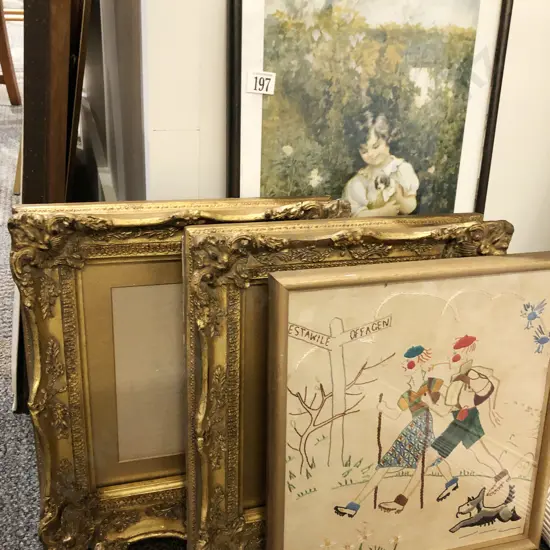 Two Empty Ornate Gilt Frames Together With Needlework and Print
