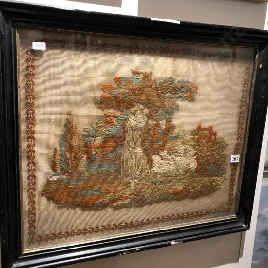 Antique Needlework of Shepherdess and Sheep