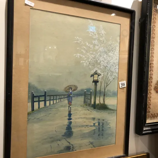 Japanese Watercolor of Woman and Cherry Blossoms