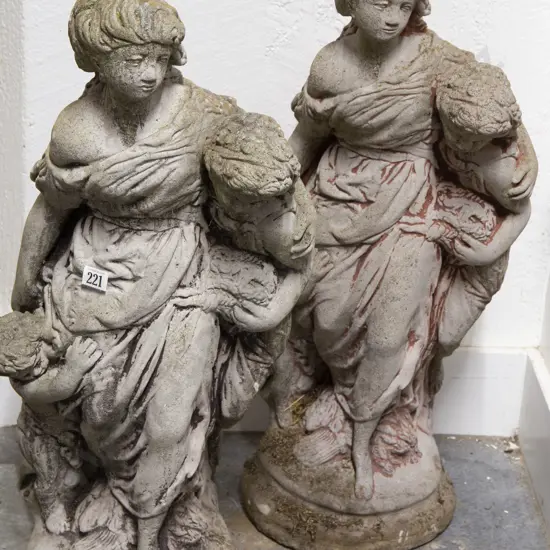 Pair of Composition Garden Statues of Classical Mother and Children