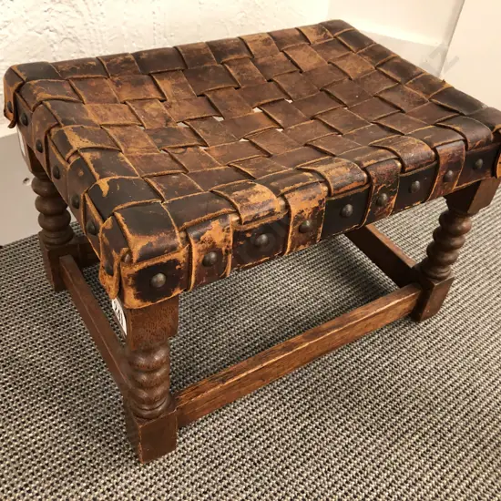 Oak Footstool With Strapwork Leather Top