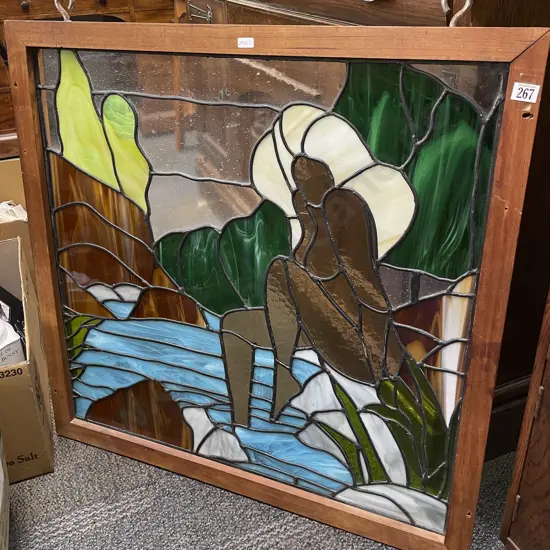 Framed Leadlight Panel of Figure by Lake