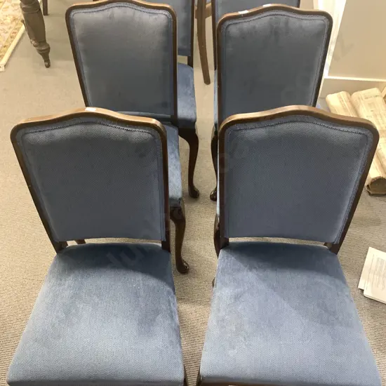 Set of Six Mahogany Dining Chairs Upholstered in Blue Fabric