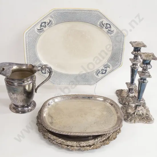 Five Various Pieces of Silver Plate incl. Pair S/P Candlesticks and Victorian Ashet