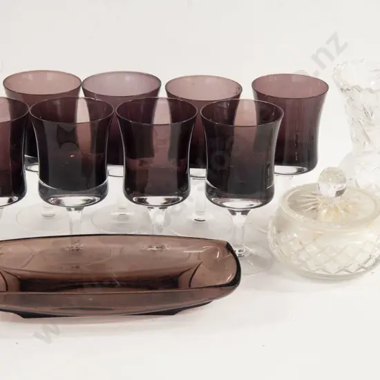 Eight Mid 20th Century Amethyst Wine Glasses Together With Tray and Two Other Crystal Pieces