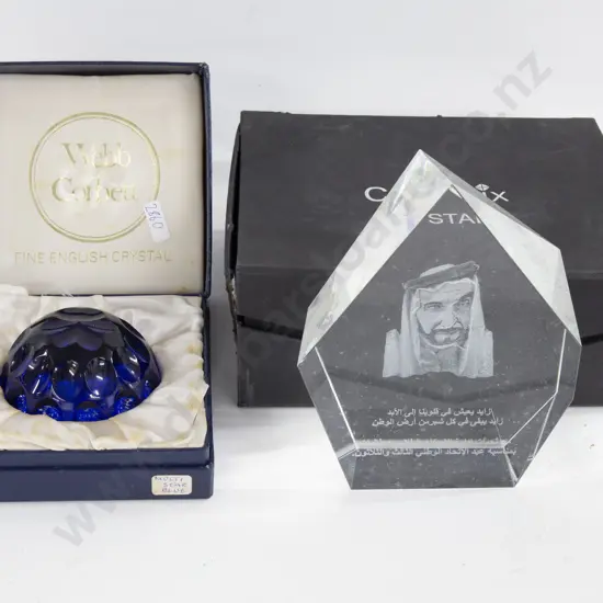 Commemorative Crystal Plaque Together With Webb and Corbett Paperweight