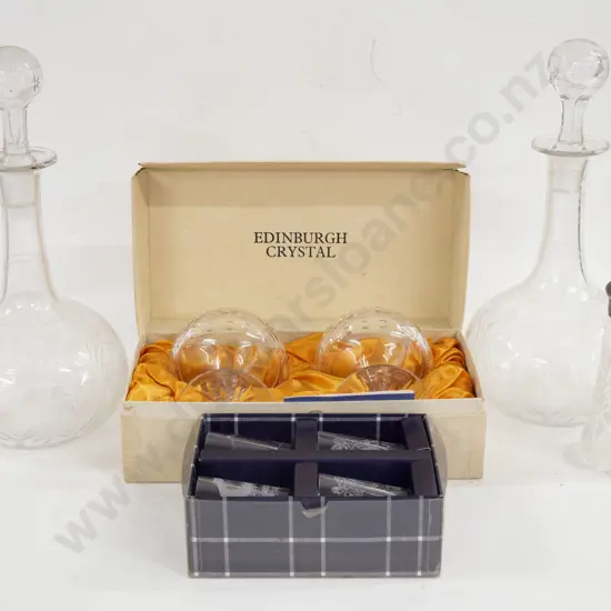 Pair of Glass Decanters With Various Glassware incl. Edinburgh Crystal Liqueur Glasses