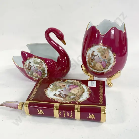 Three Large Pieces of Limoges incl. Decanter Formed as Book