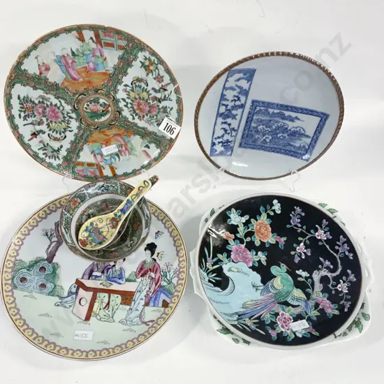 Five Various Hand Painted Chinese Plates with Rice Bowl and Two Spoons