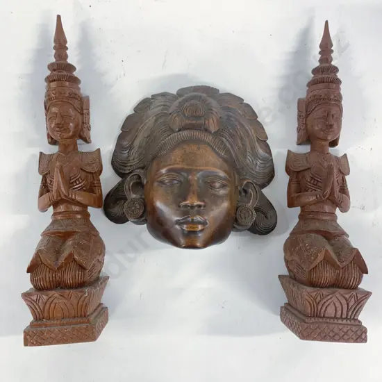 Pair of Thai Kneeling Figures with Wooden Mask
