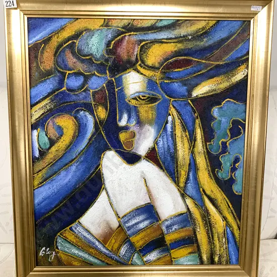 Mixed Media on Board Stylized Female Portrait