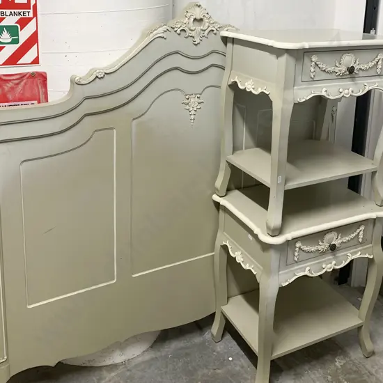 Painted French Style Pair of Bedside Tables Together With Bed Headboard
