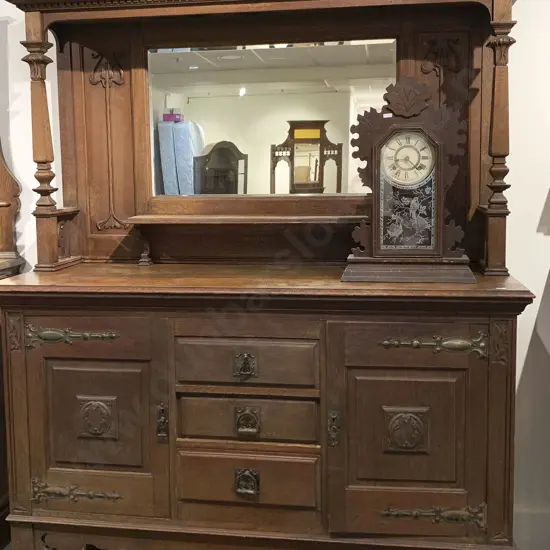 English Art Nouveau Oak Mirror Back Sideboard (Needs Some Restoration)