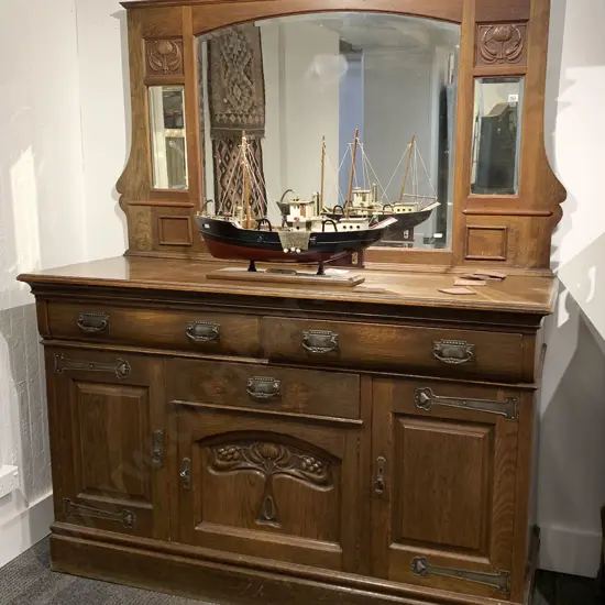 English Art Nouveau Oak Mirror Back Sideboard